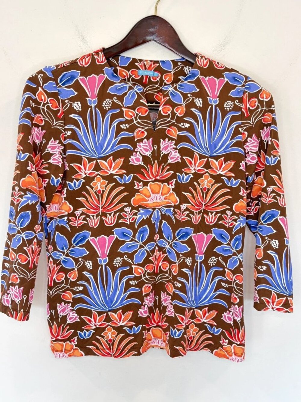 J. McLaughlin Catalina Cloth Top Sz L Brown Floral 3/4 Sleeve Split Neck Travel